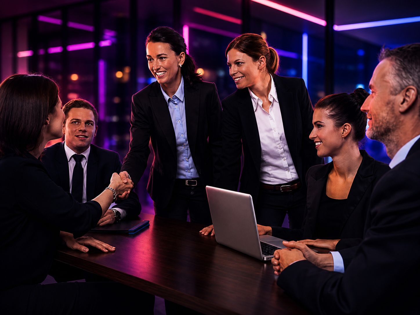 A diverse group of professionals in business attire engaged in a meeting, with one woman shaking hands with another at a table, while others look on and smile.